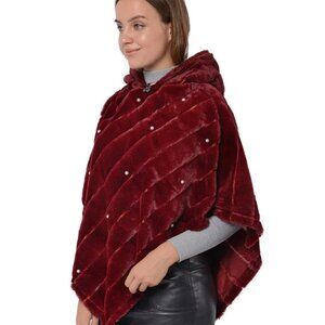 Burgundy Faux Fur Drawstring Hooded Textured Poncho NWT